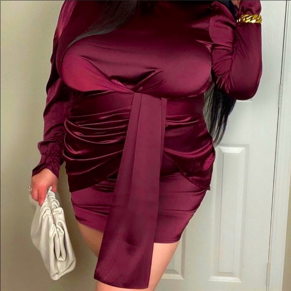 Satin burgundy mini dress long sleeve